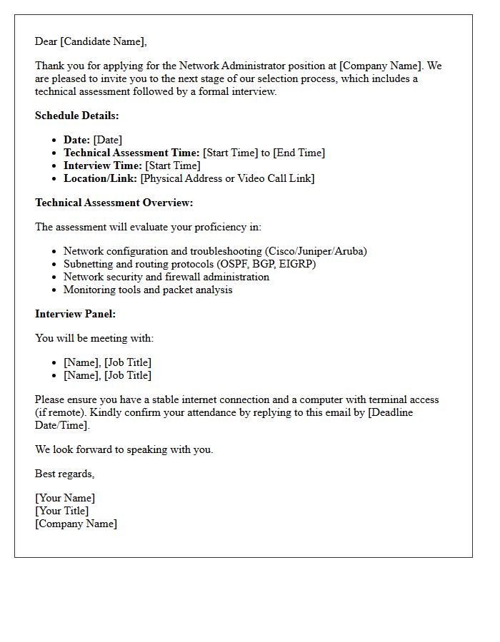 Network Administrator Technical Assessment and Interview Confirmation Letter