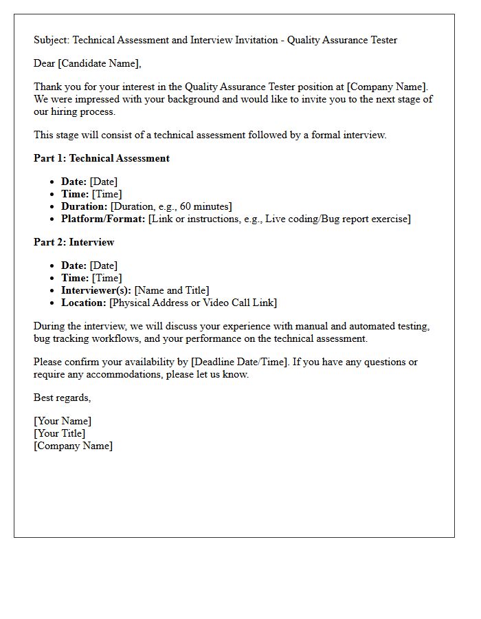 Quality Assurance Tester Technical Assessment and Interview Confirmation Letter