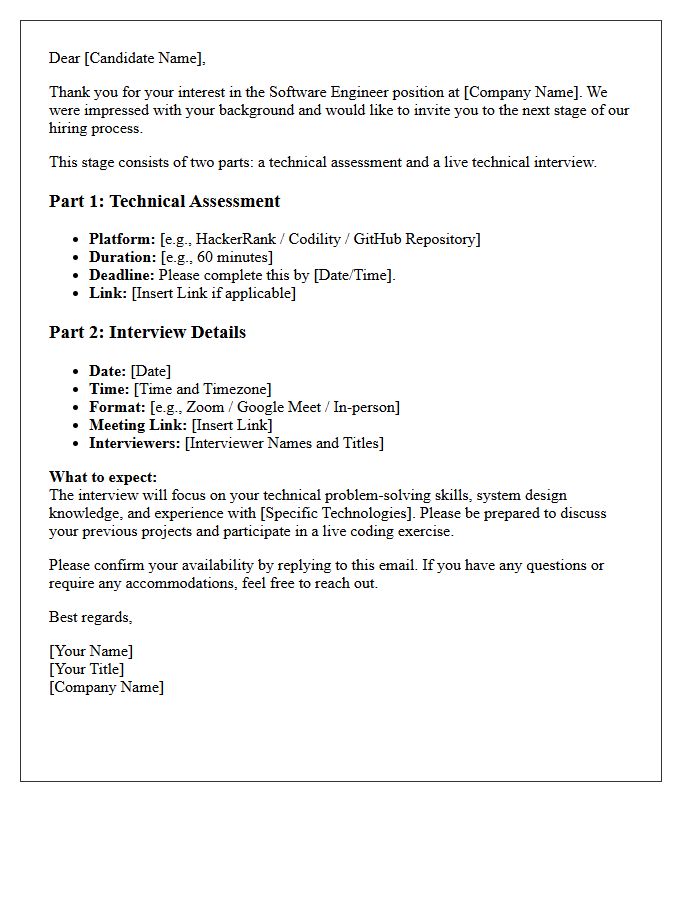 Software Engineer Technical Assessment and Interview Confirmation Letter