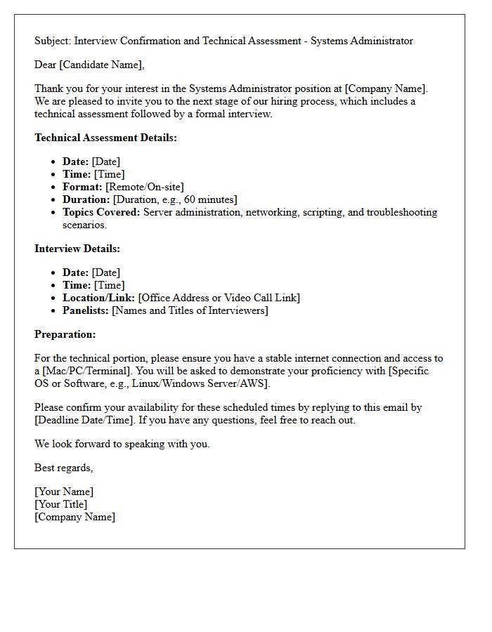 Systems Administrator Technical Assessment and Interview Confirmation Letter