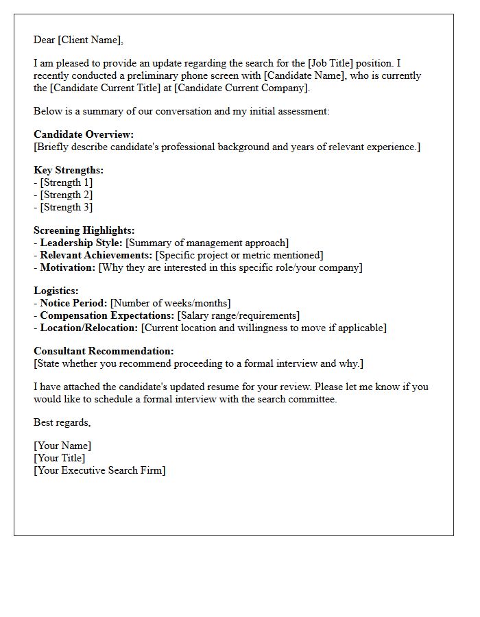 Executive Search Phone Screen Interview Client Letter