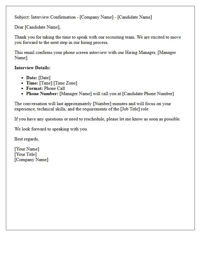 Hiring Manager Phone Screen Interview Confirmation Letter