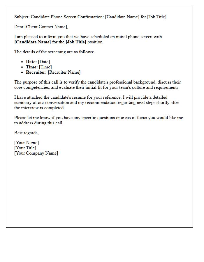 Initial Candidate Phone Screen Client Confirmation Letter