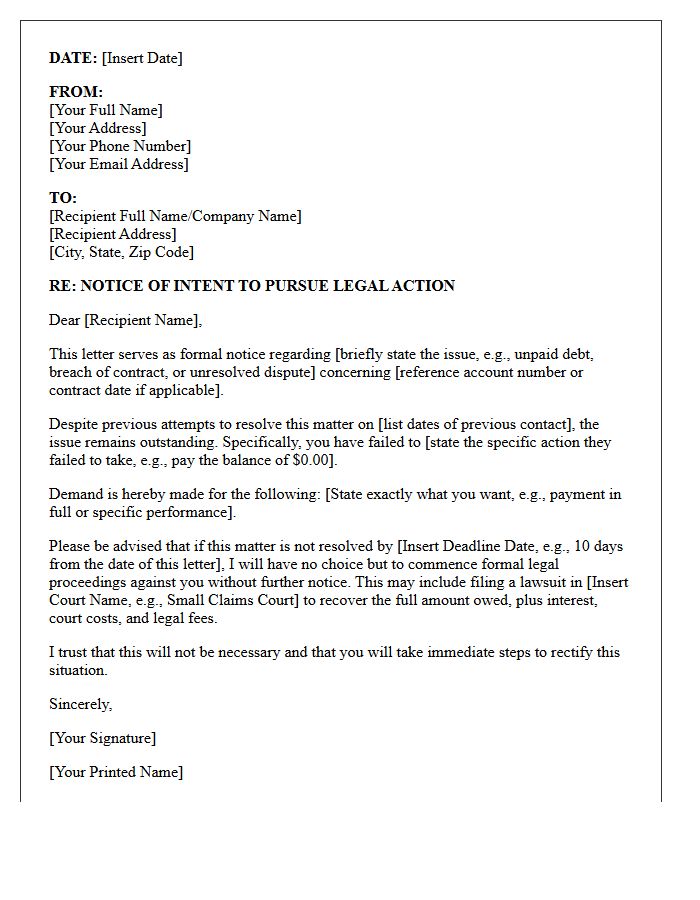 Notice of Intent to Pursue Legal Action Letter