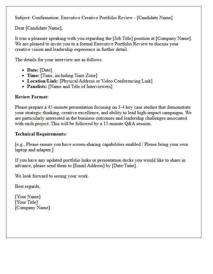 Executive Level Creative Portfolio Review Interview Confirmation Letter