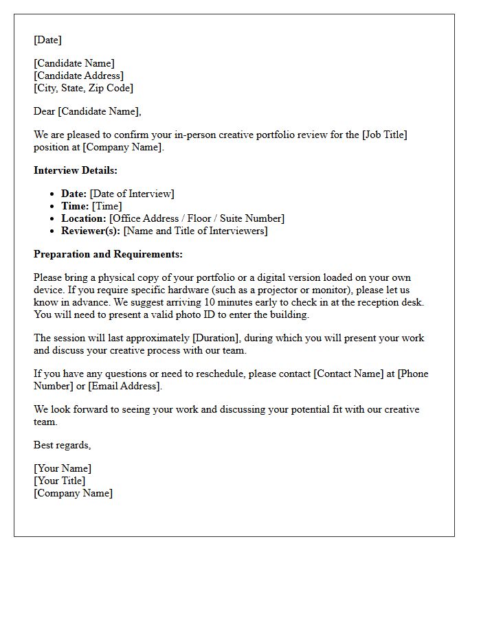 In-Person Creative Portfolio Review Interview Confirmation Letter
