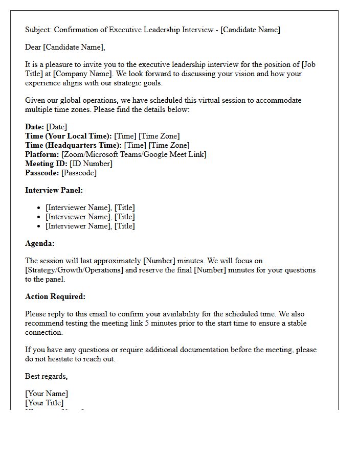 Executive Leadership Cross-Timezone Virtual Interview Confirmation Letter