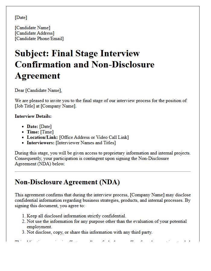 Final Stage Interview Confirmation and Non-Disclosure Agreement Letter