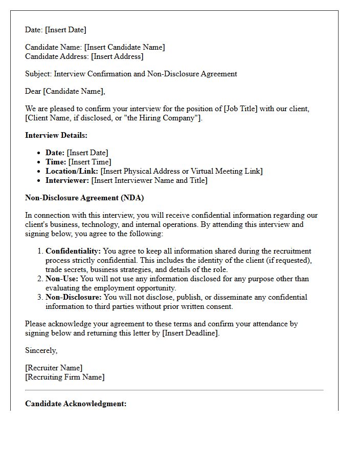 Third-Party Recruiter Interview Confirmation and Non-Disclosure Agreement Letter