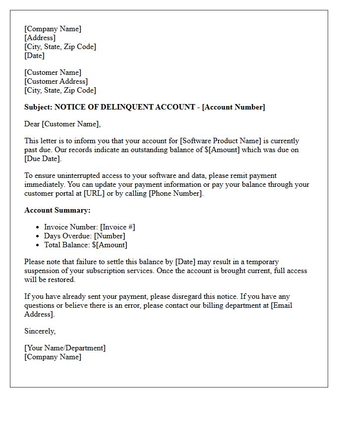Delinquent Software Subscription Account Notice Letter