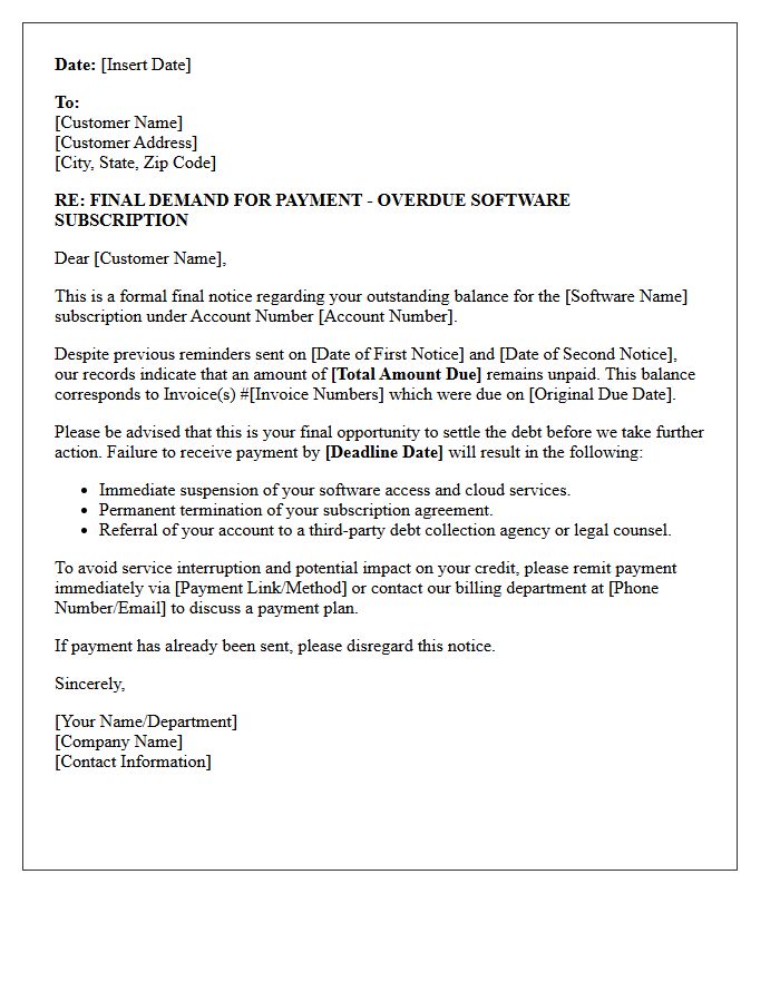 Final Demand for Software Subscription Payment Letter