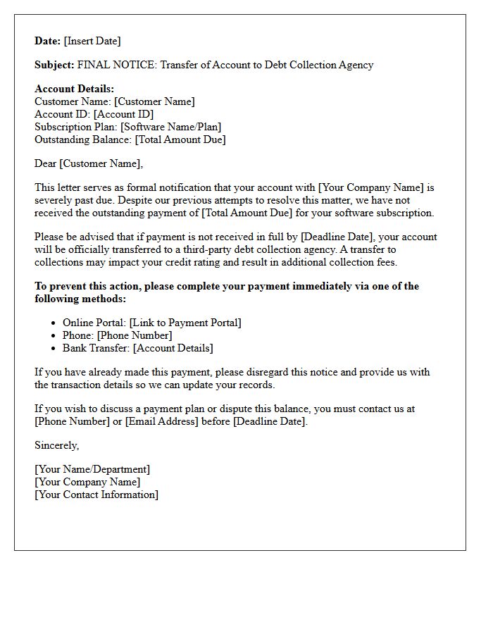 Software Subscription Debt Collection Agency Transfer Letter