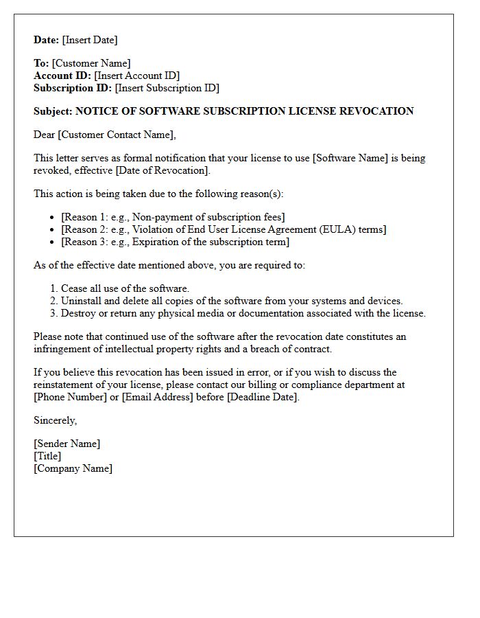 Software Subscription License Revocation Notice Letter