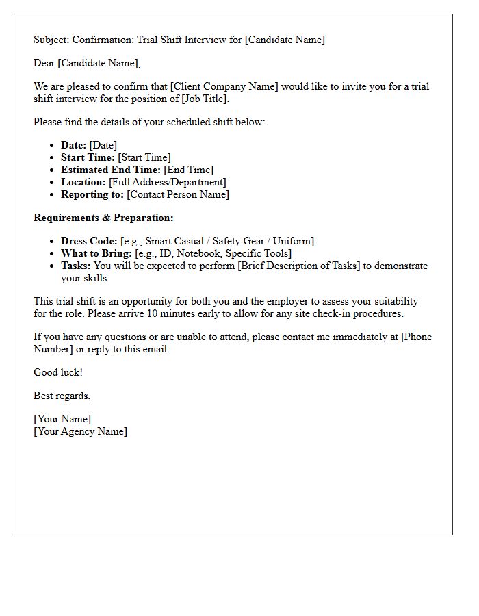 Agency Arranged Trial Shift Interview Confirmation Letter