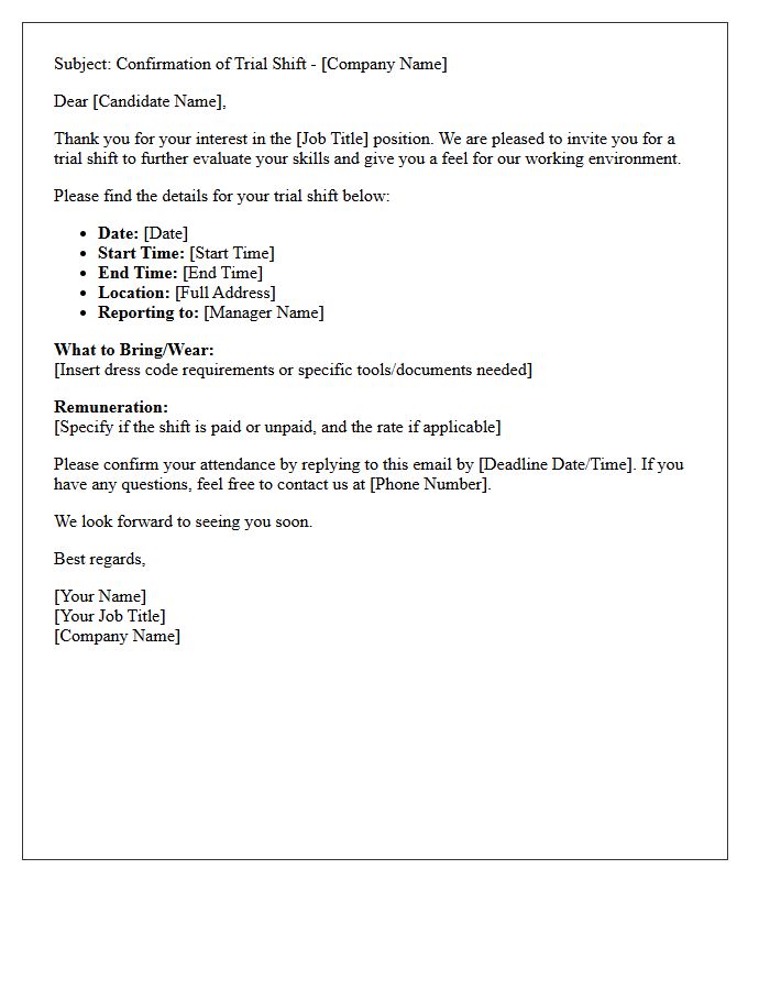 Candidate Evaluation Trial Shift Confirmation Letter