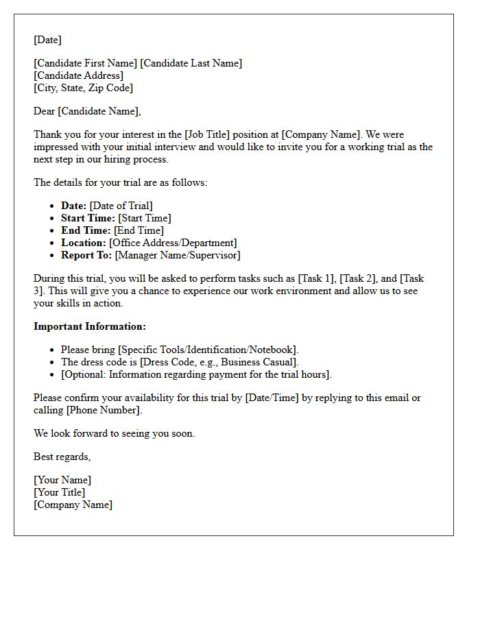 Candidate Working Trial Interview Confirmation Letter