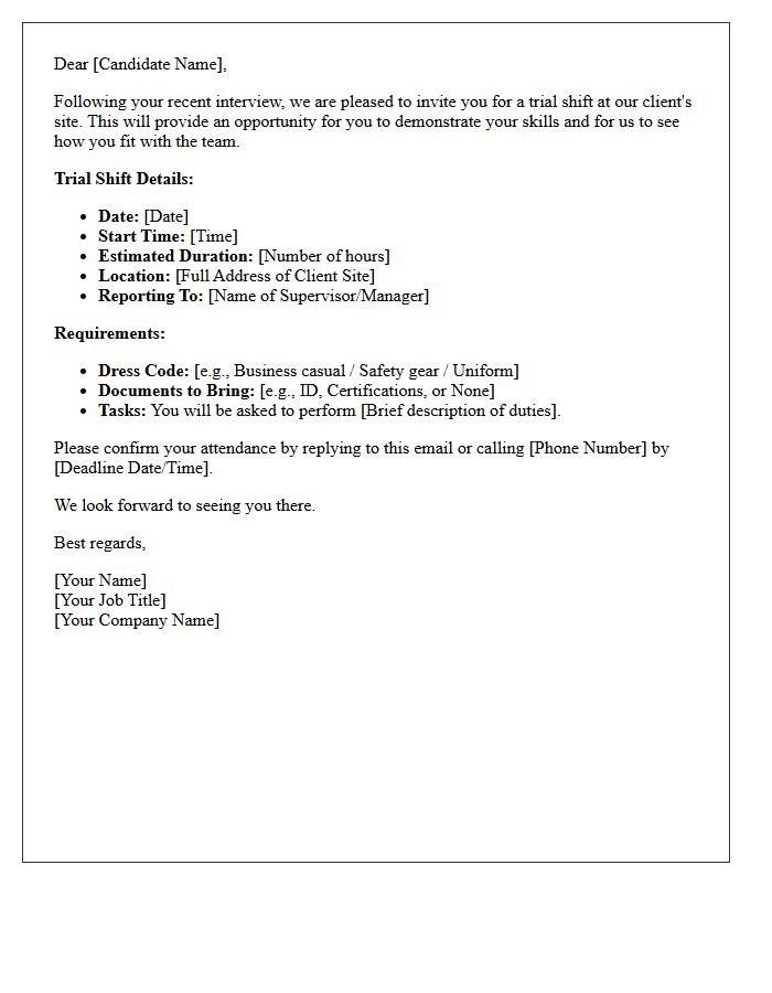 Client Site Trial Shift Interview Confirmation Letter