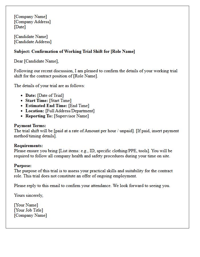 Contract Role Working Trial Shift Confirmation Letter