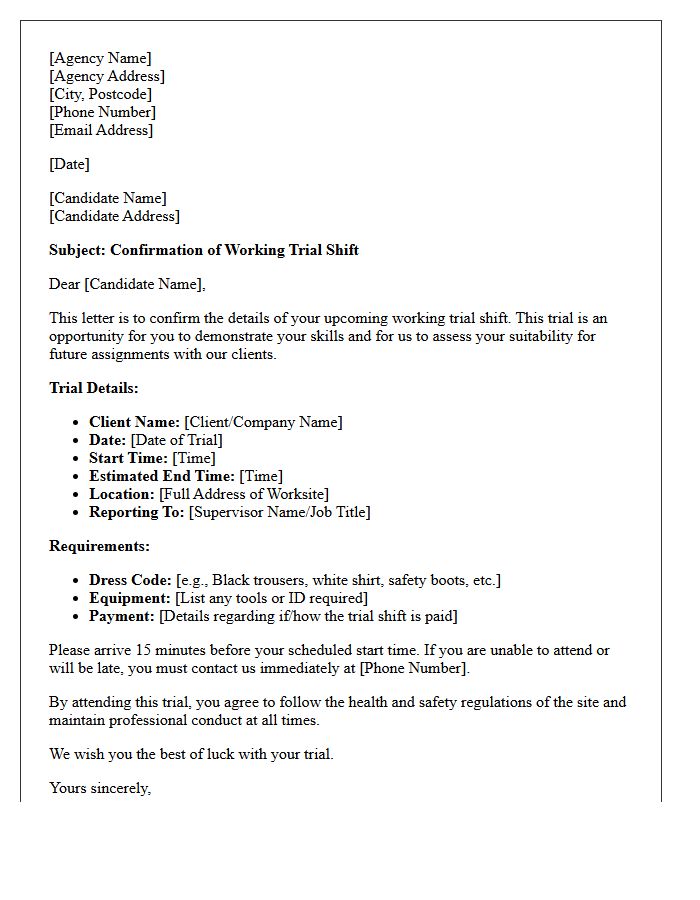 General Agency Working Trial Shift Confirmation Letter