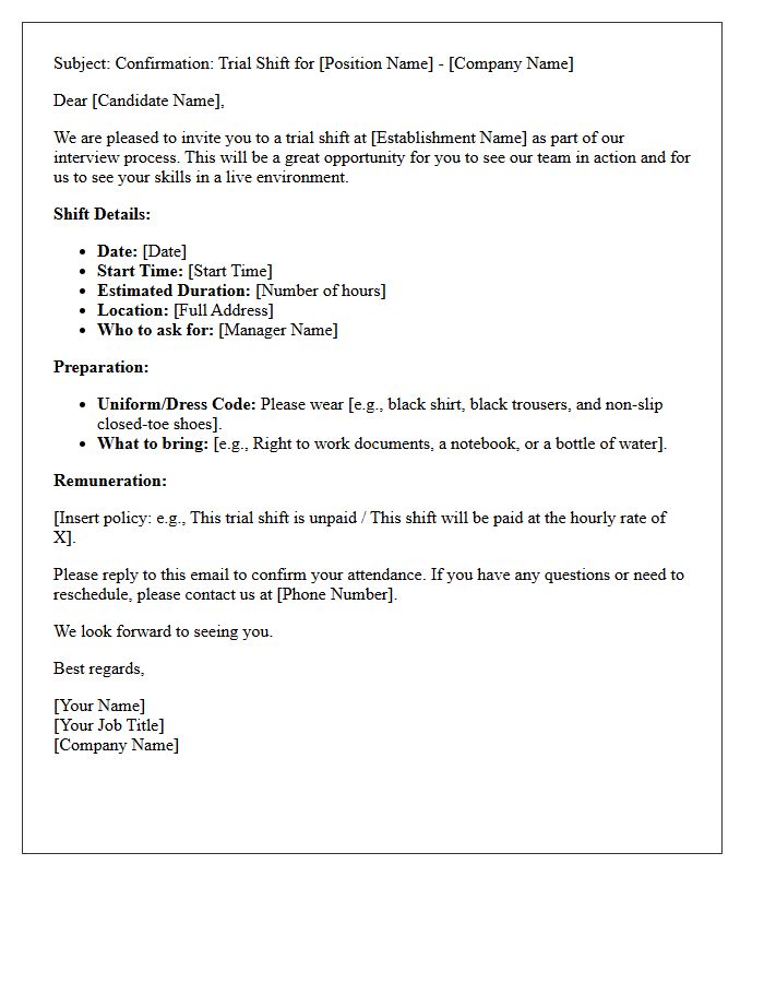 Hospitality Trial Shift Interview Confirmation Letter