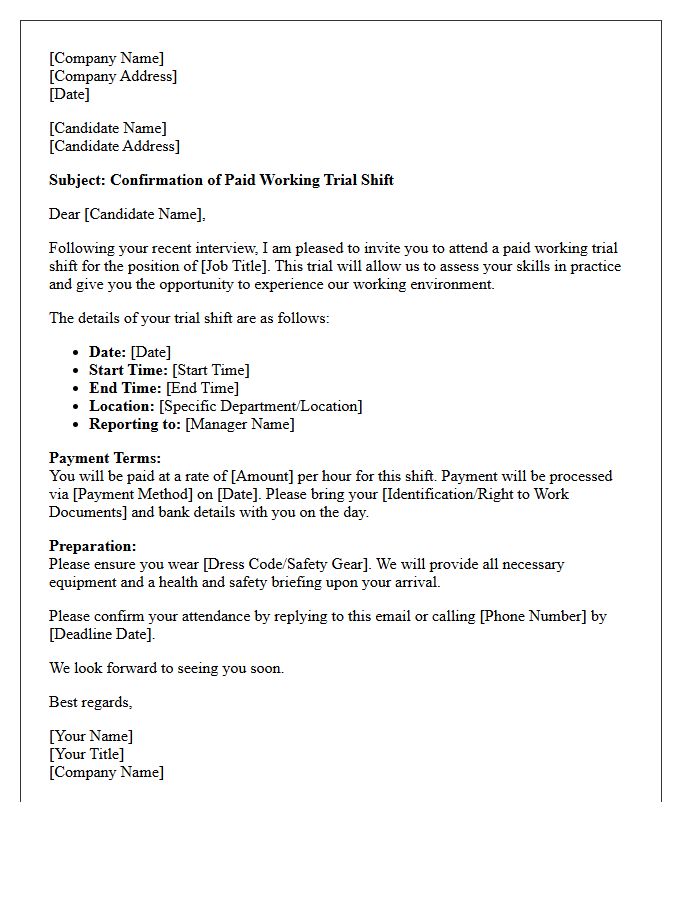 Paid Working Trial Shift Confirmation Letter