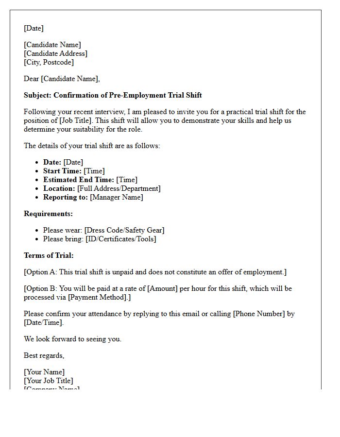 Pre-Employment Trial Shift Confirmation Letter
