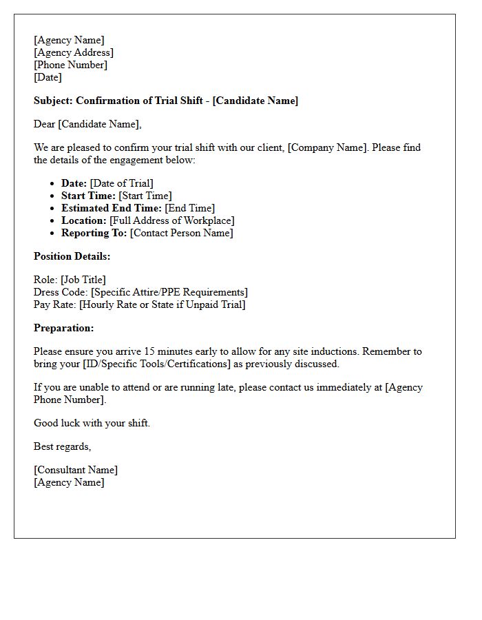 Recruitment Agency Trial Shift Confirmation Letter