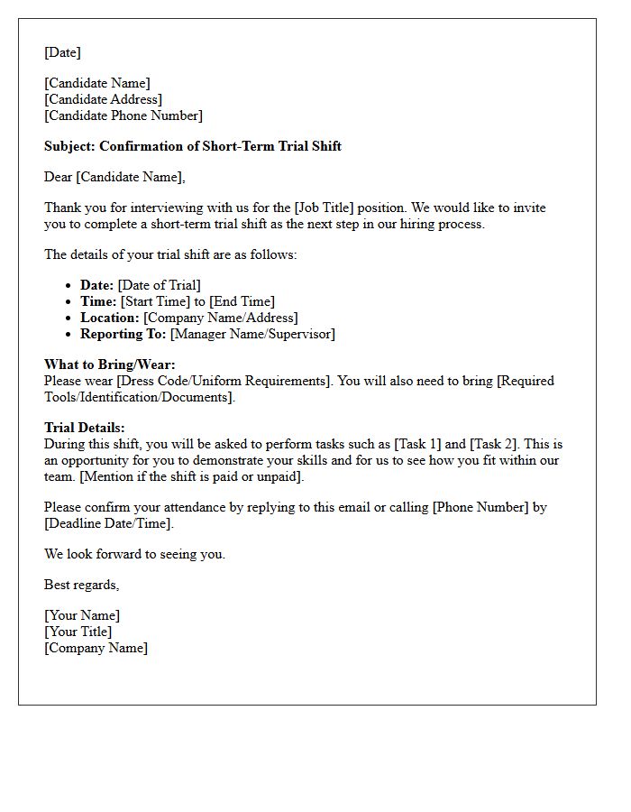 Short-Term Trial Shift Interview Confirmation Letter