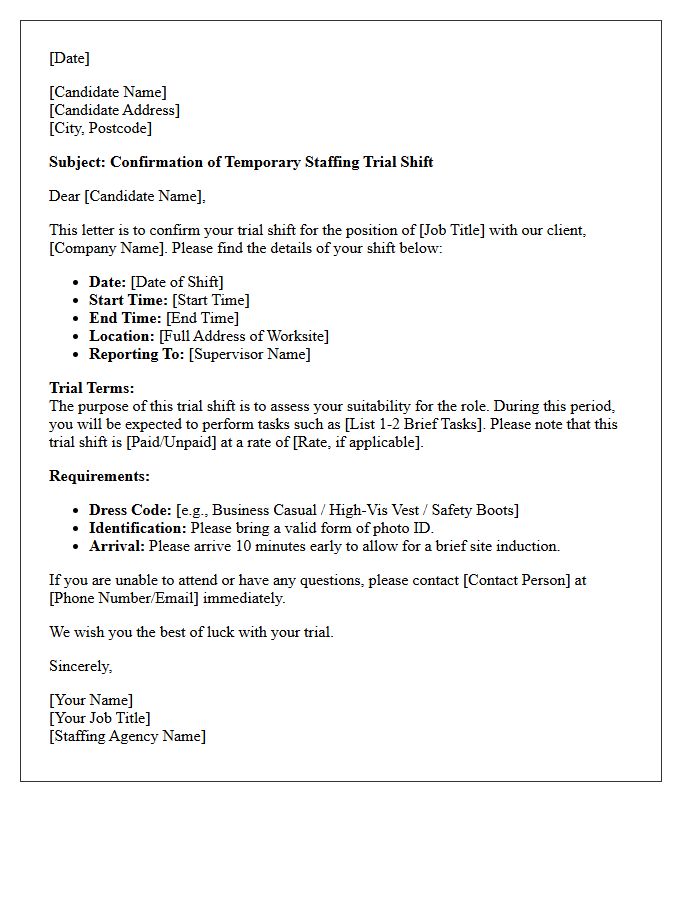 Temporary Staffing Trial Shift Confirmation Letter