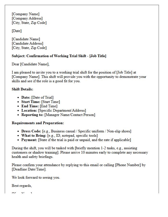 Working Trial Shift Interview Confirmation Letter