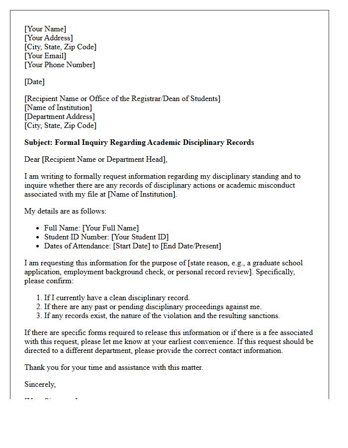 Academic Disciplinary Record Inquiry Letter