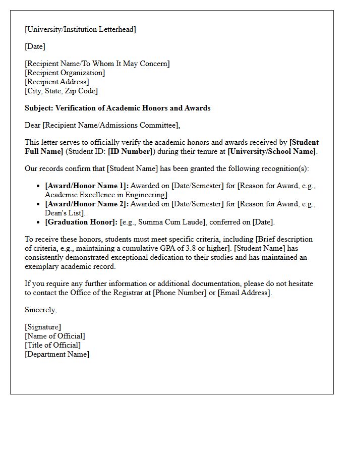 Academic Honors and Awards Verification Letter