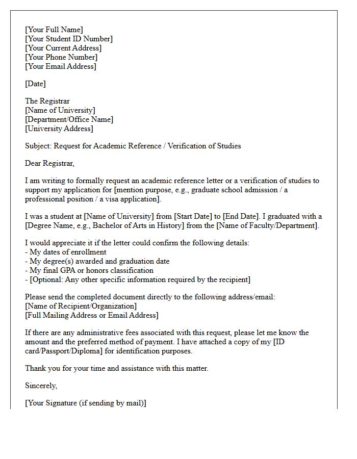 Academic Reference Request Letter to University Registrar