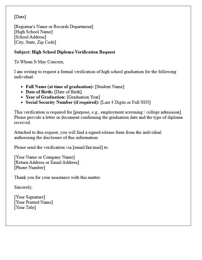 High School Diploma Verification Request Letter