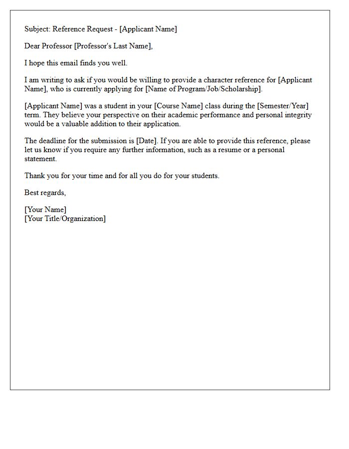 Professor Character Reference Request Letter for Applicant