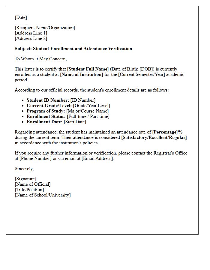 Student Enrollment and Attendance Verification Letter