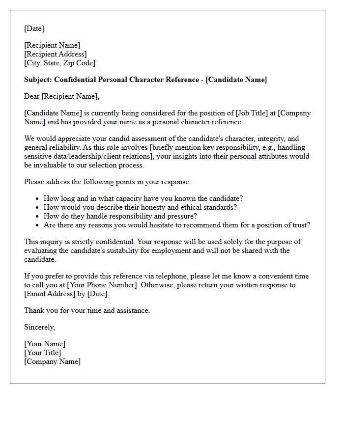 Confidential Candidate Personal Character Reference Request Letter