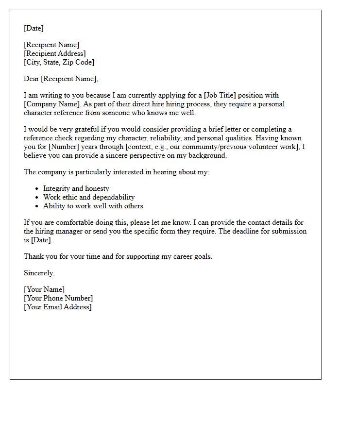 Direct Hire Personal Character Reference Request Letter