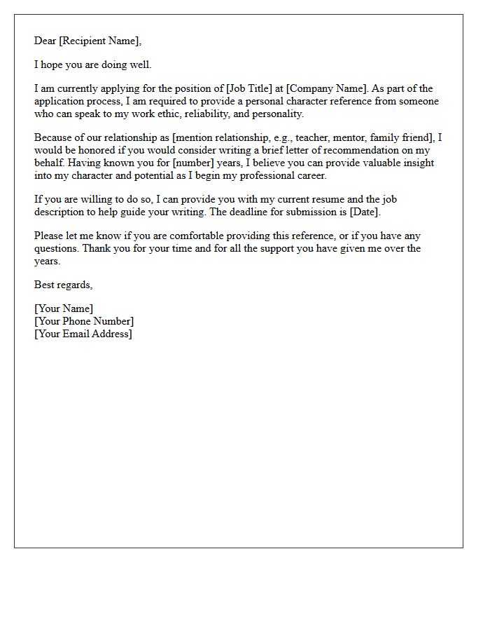 Entry-Level Applicant Personal Character Reference Request Letter