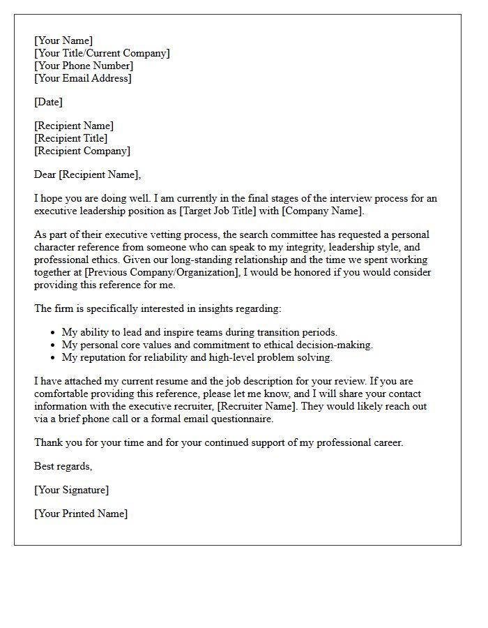 Executive Placement Personal Character Reference Request Letter