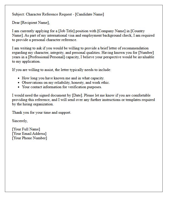 International Candidate Personal Character Reference Request Letter