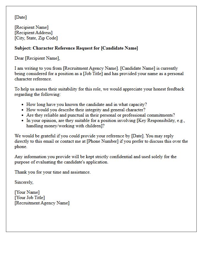 Recruitment Agency Personal Character Reference Request Letter