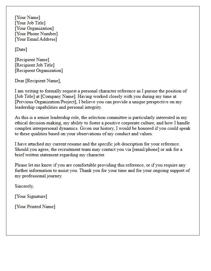 Senior Leadership Personal Character Reference Request Letter