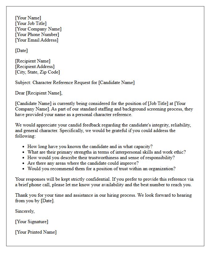 Standard Staffing Personal Character Reference Request Letter