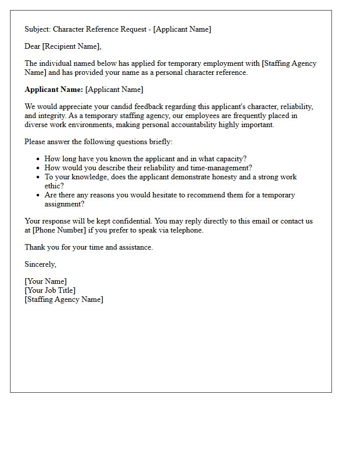 Temporary Staffing Personal Character Reference Request Letter