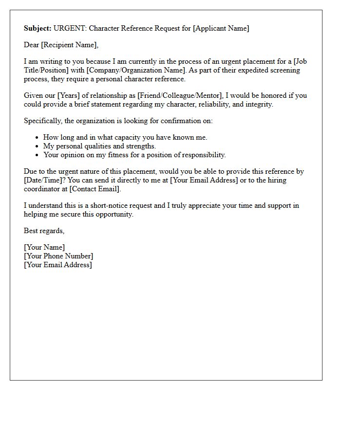 Urgent Placement Personal Character Reference Request Letter