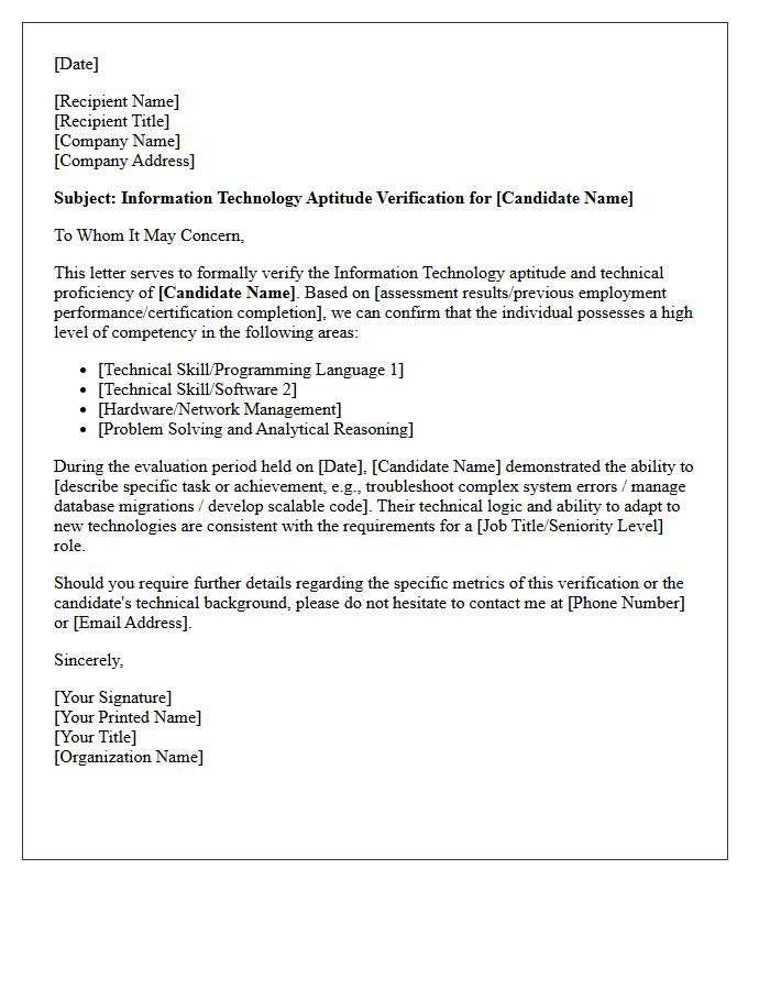 Information Technology Aptitude Verification Letter