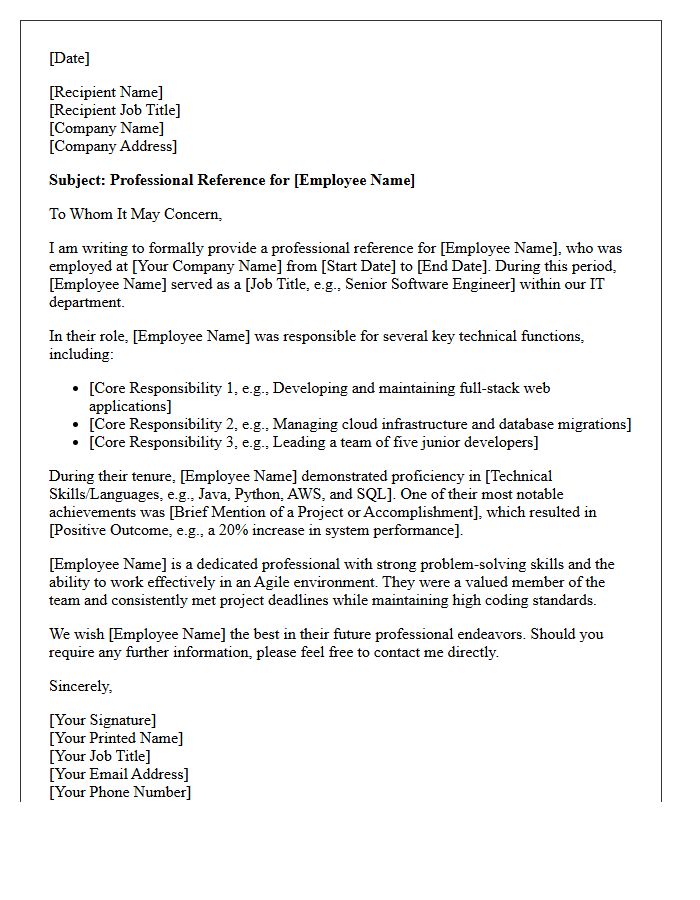 IT Professional Experience Reference Letter