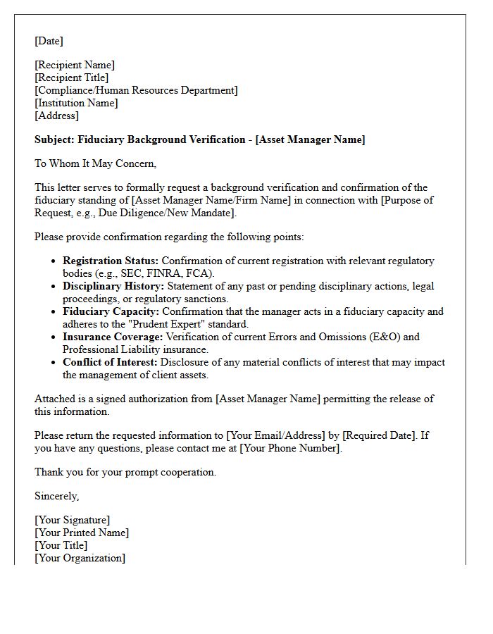 Asset Manager Fiduciary Background Verification Letter
