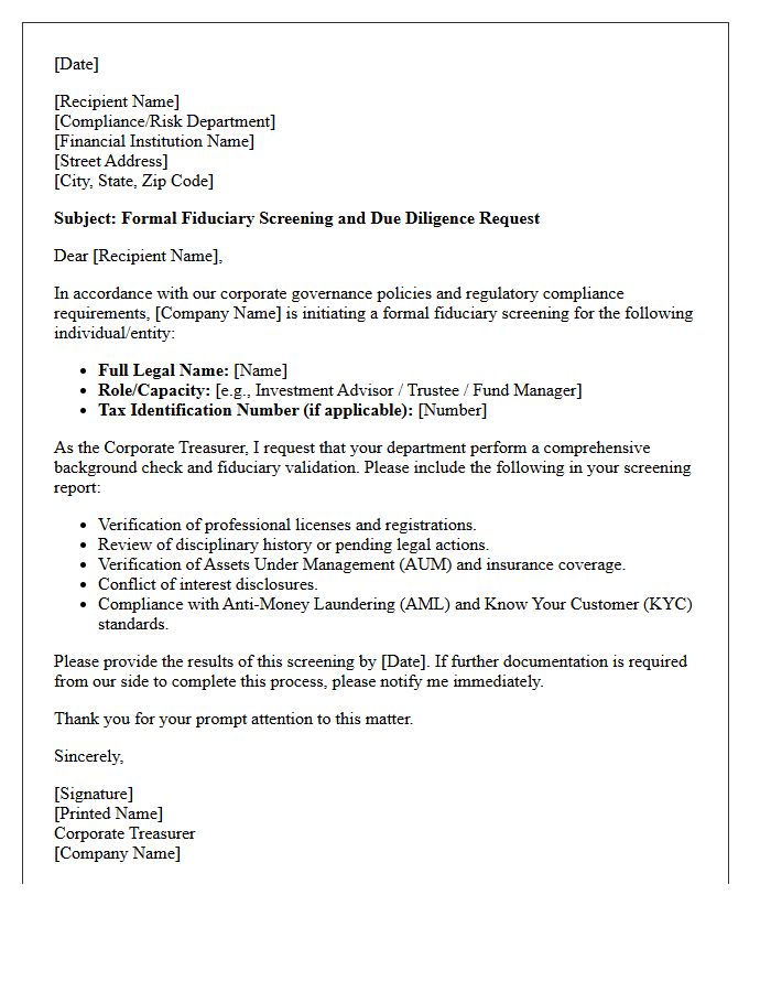Corporate Treasurer Fiduciary Screening Request Letter